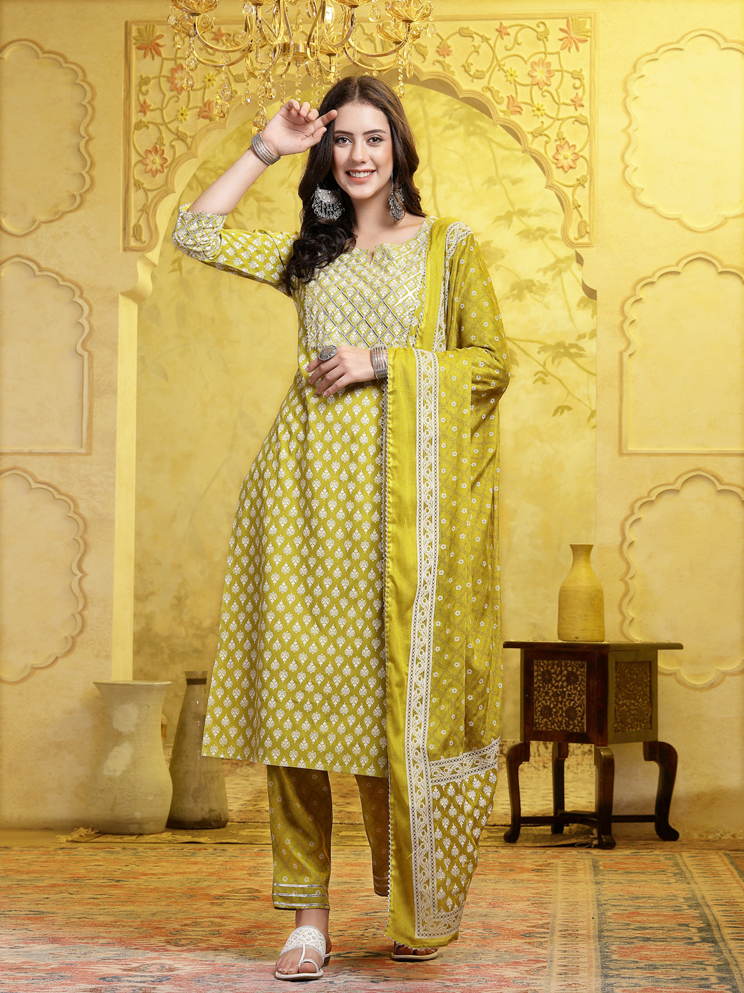 Printed & Embellished Cotton Straight Kurta Pant Dupatta Set