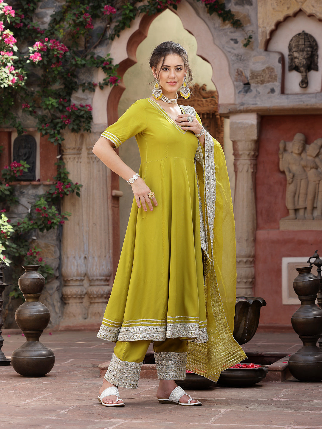 Solid Rayon Anarkali Kurta Pant & Dupatta Set