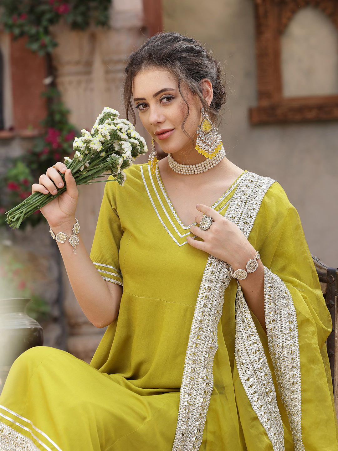 Solid Rayon Anarkali Kurta Pant & Dupatta Set