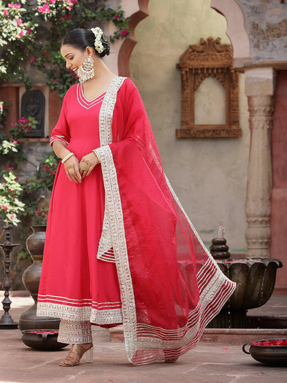 Solid Rayon Anarkali Kurta Pant & Dupatta Set