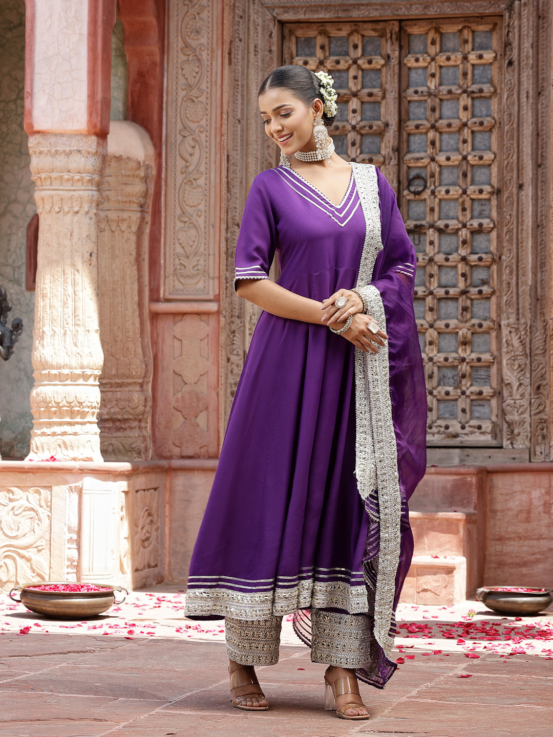 Solid Rayon Anarkali Kurta Pant & Dupatta Set