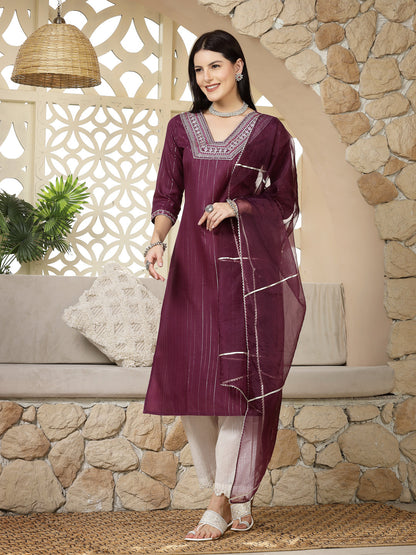 Purple Woven Design & Embroidered Cotton Blend Lurex Straight Kurta Pant Dupatta Set