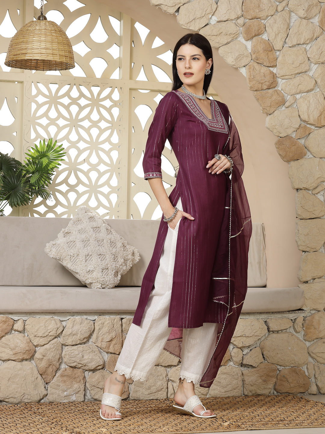 Purple Woven Design & Embroidered Cotton Blend Lurex Straight Kurta Pant Dupatta Set