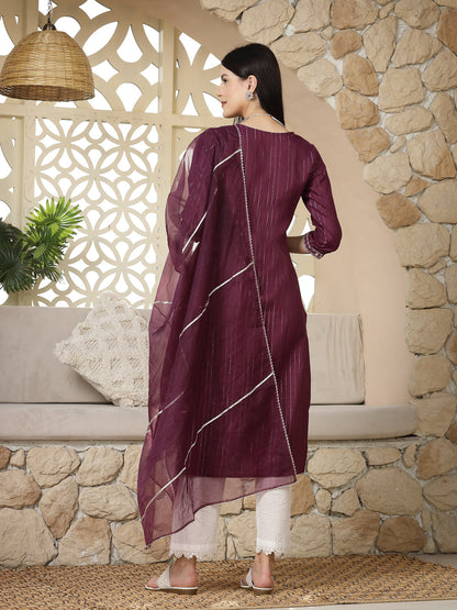 Purple Woven Design & Embroidered Cotton Blend Lurex Straight Kurta Pant Dupatta Set