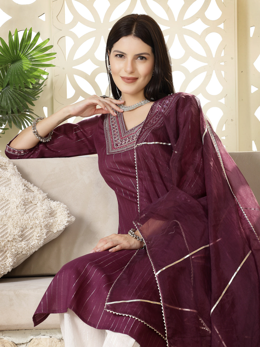 Purple Woven Design & Embroidered Cotton Blend Lurex Straight Kurta Pant Dupatta Set