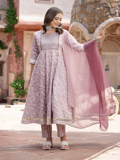 Lavender Bandhani Khadi Printed & Embroidered Cotton Anarkali Kurta Pant Dupatta Set