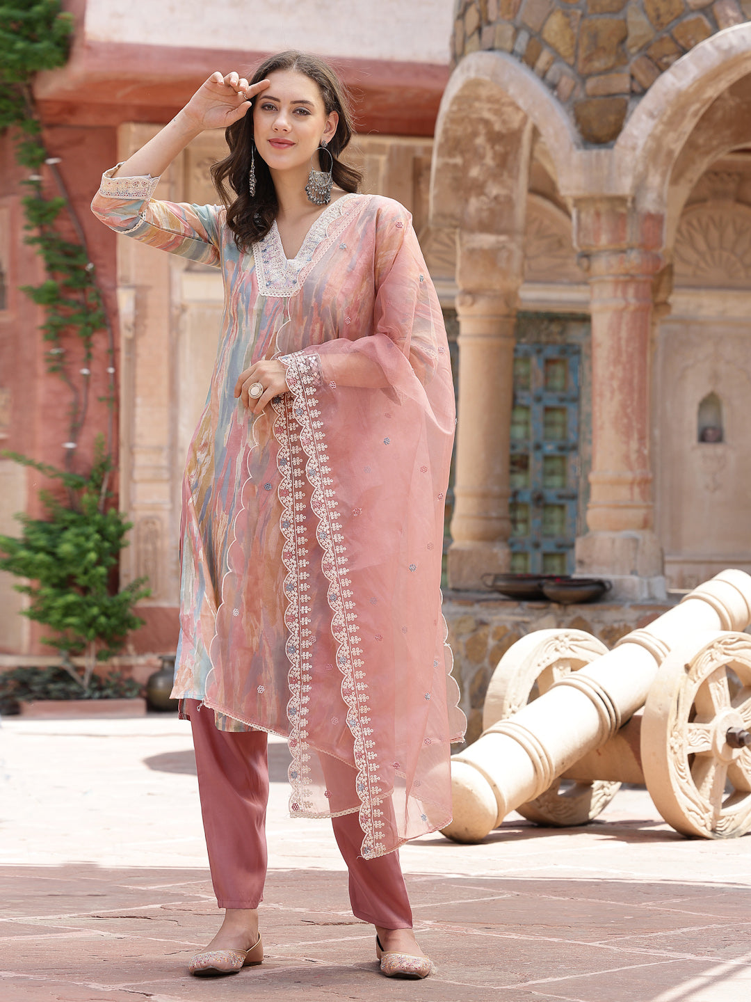 Tie & Dye Printed Musiin Straight Kurta Pant Dupatta Set