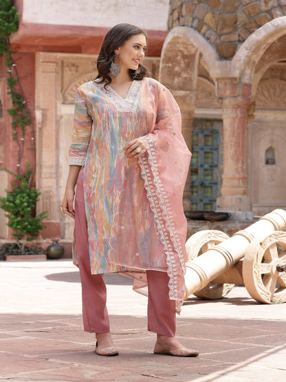 Tie & Dye Printed Musiin Straight Kurta Pant Dupatta Set