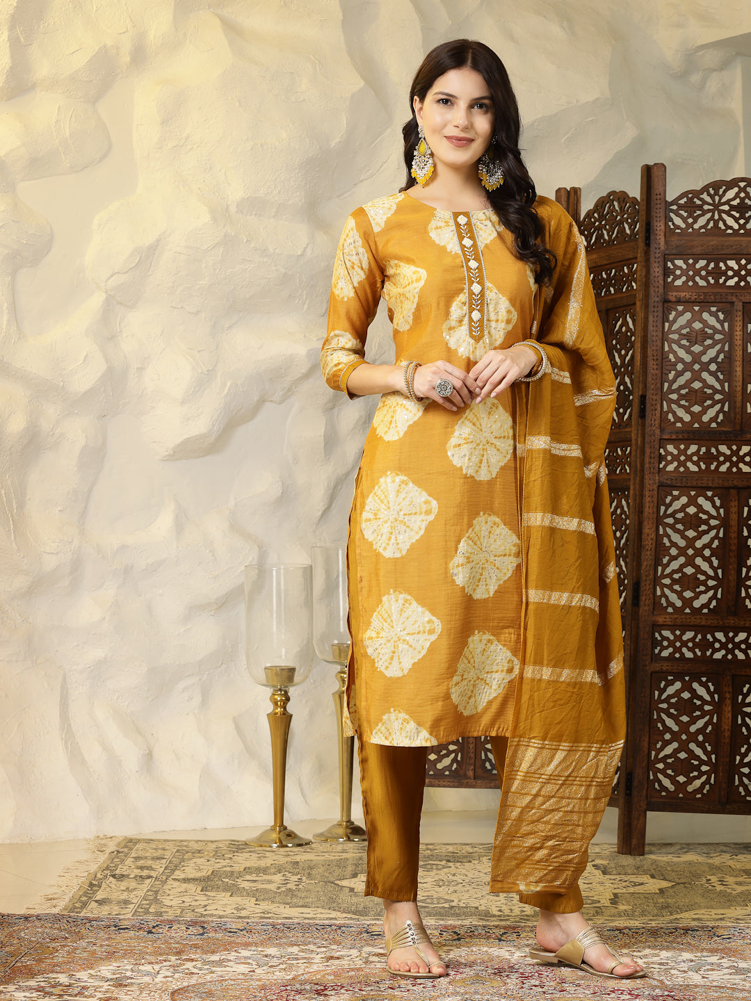 Shibori Printed Muslin Straight Kurta Pant Dupatta Set