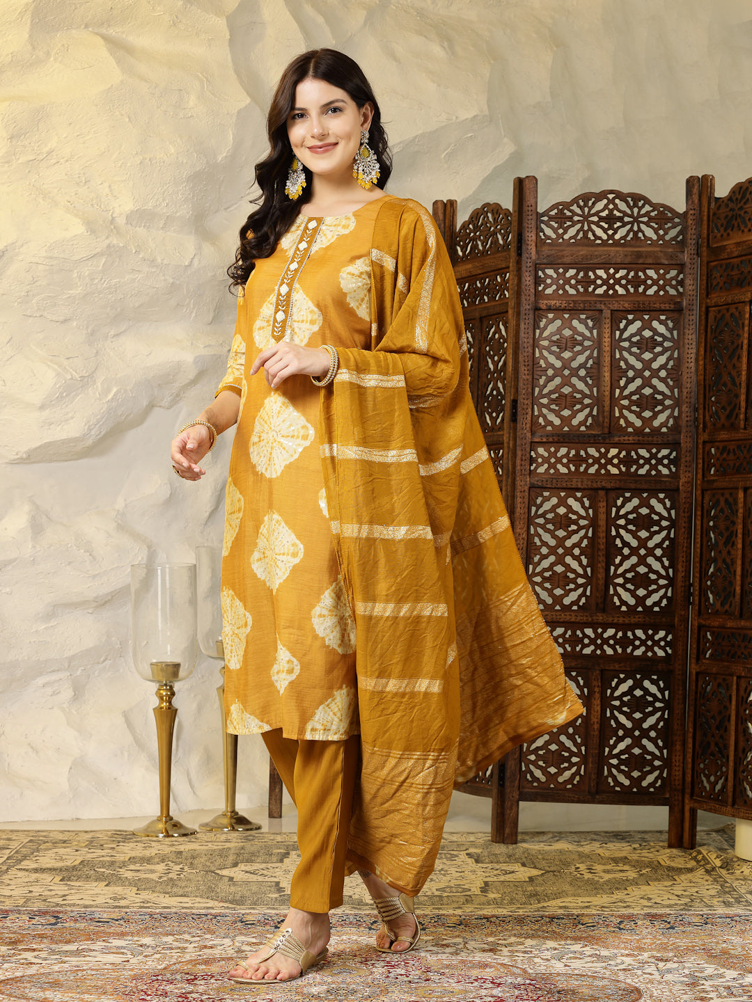 Shibori Printed Muslin Straight Kurta Pant Dupatta Set