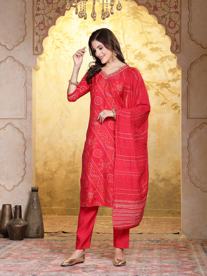 Bandhej Printed Muslin Straight Kurta Pant Dupatta Set