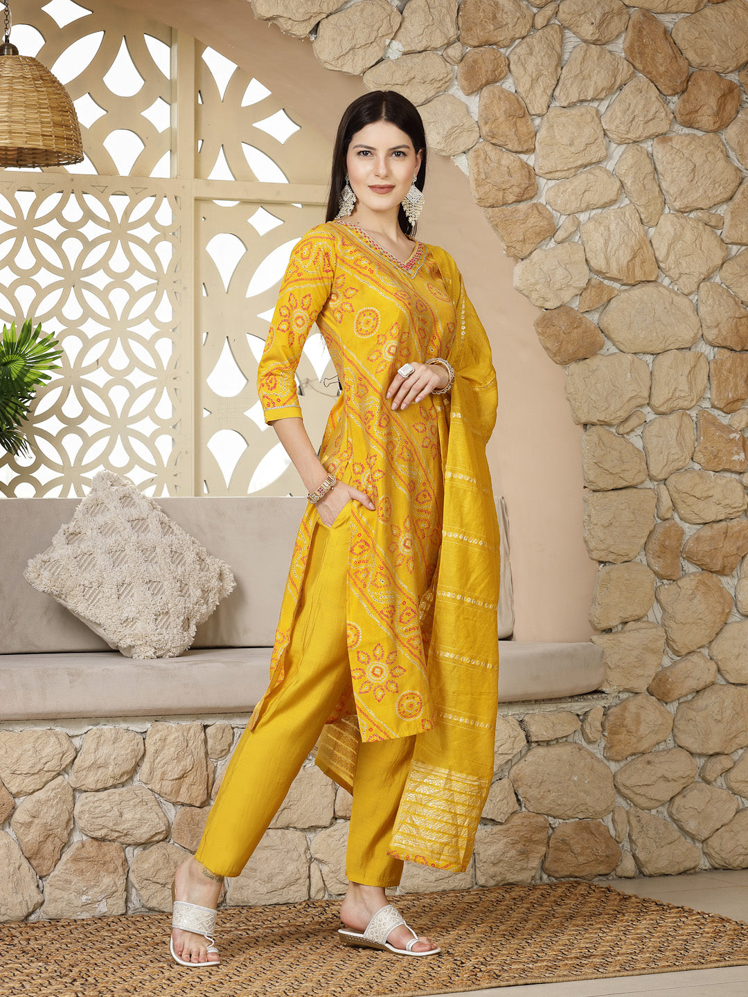 Bandhej Printed Muslin Straight Kurta Pant Dupatta Set