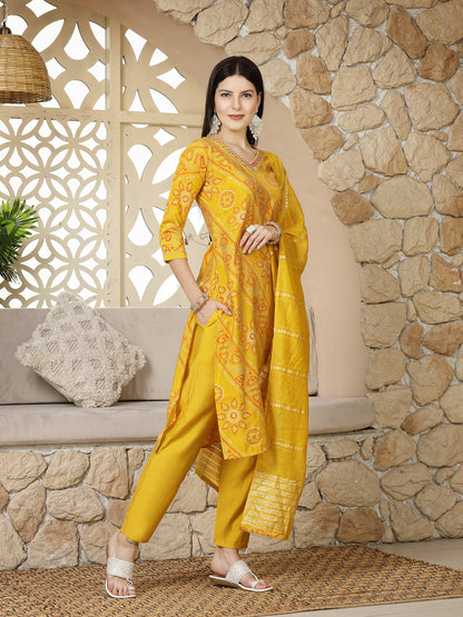 Bandhej Printed Muslin Straight Kurta Pant Dupatta Set