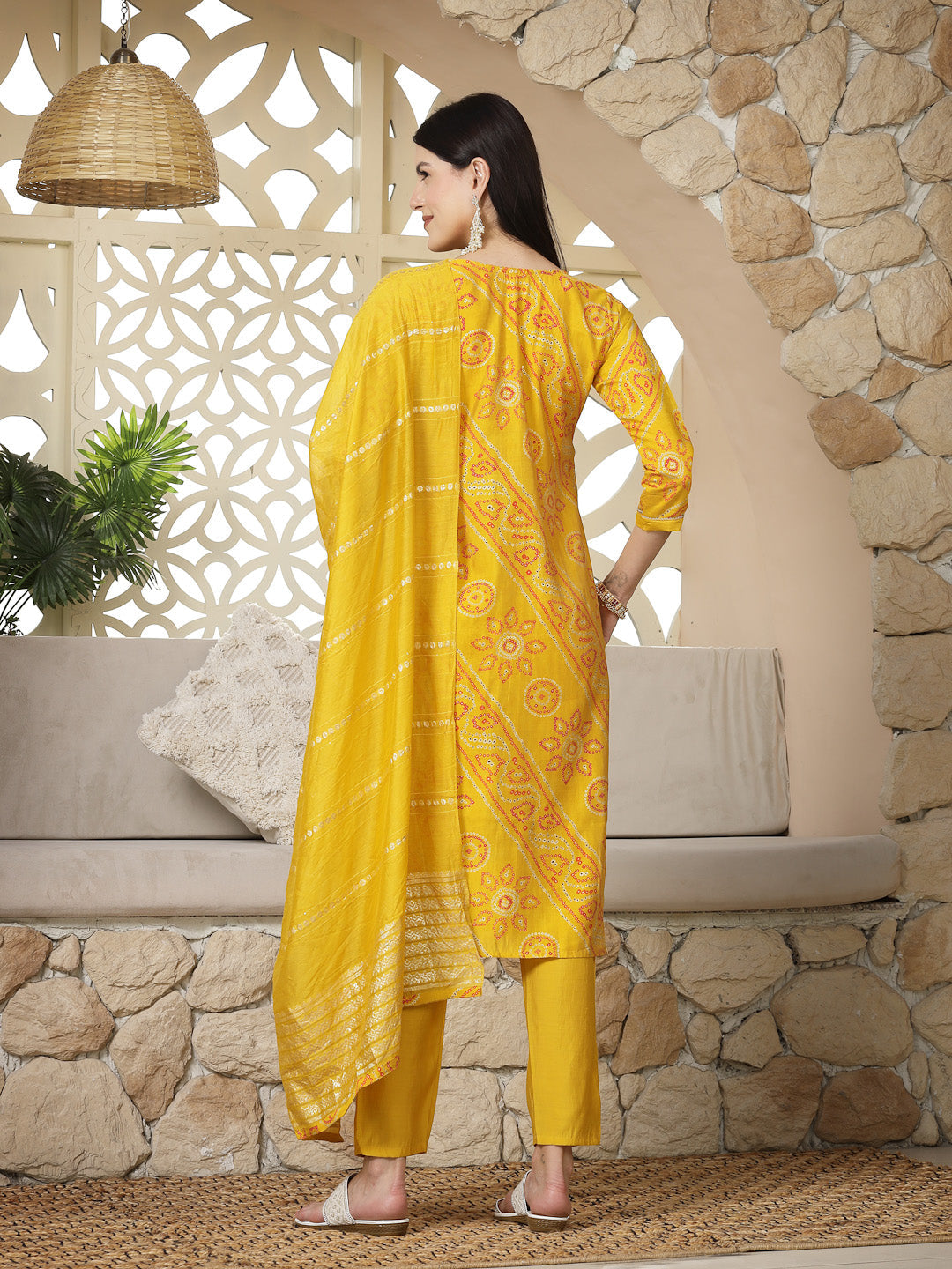 Bandhej Printed Muslin Straight Kurta Pant Dupatta Set