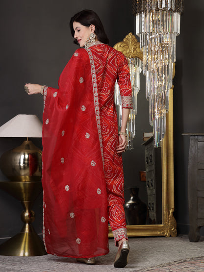 Bandhani Print & Embroidered Muslin Straight Kurta Pant Dupatta Set