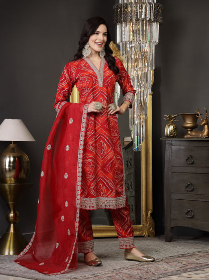 Bandhani Print & Embroidered Muslin Straight Kurta Pant Dupatta Set