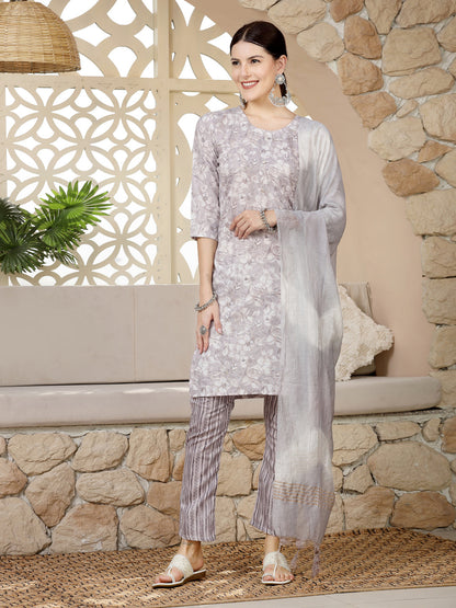 Grey Tropical Printed Silk Blend Straight Kurta Pant Dupatta Set