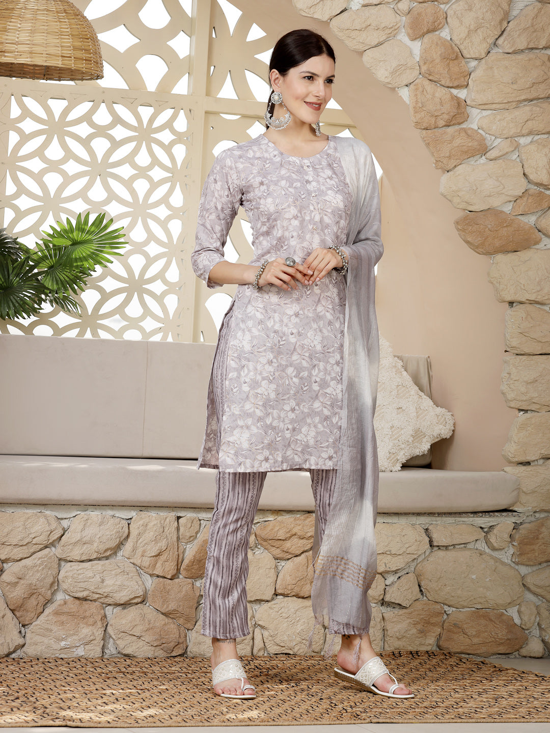 Grey Tropical Printed Silk Blend Straight Kurta Pant Dupatta Set