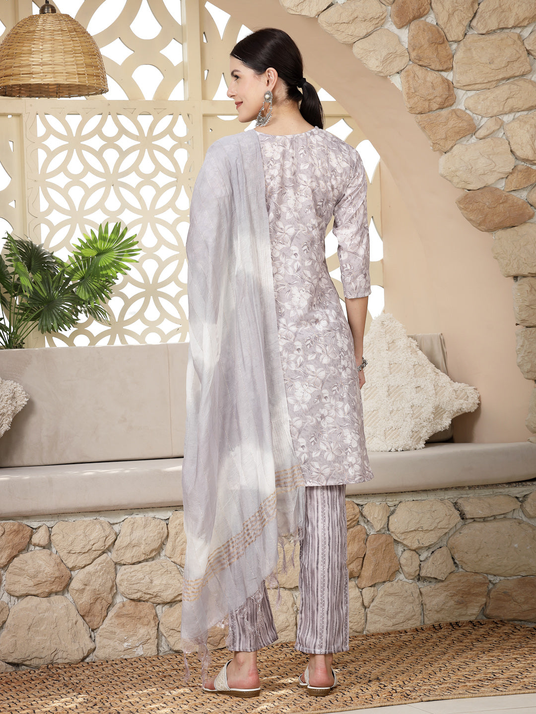 Grey Tropical Printed Silk Blend Straight Kurta Pant Dupatta Set