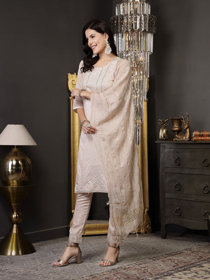 Beige Woven Design & Embroidered Silk Blend Straight Kurta Pant Dupatta Set