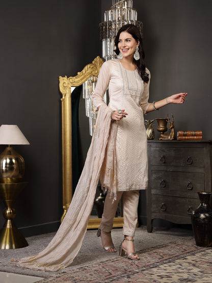 Beige Woven Design & Embroidered Silk Blend Straight Kurta Pant Dupatta Set