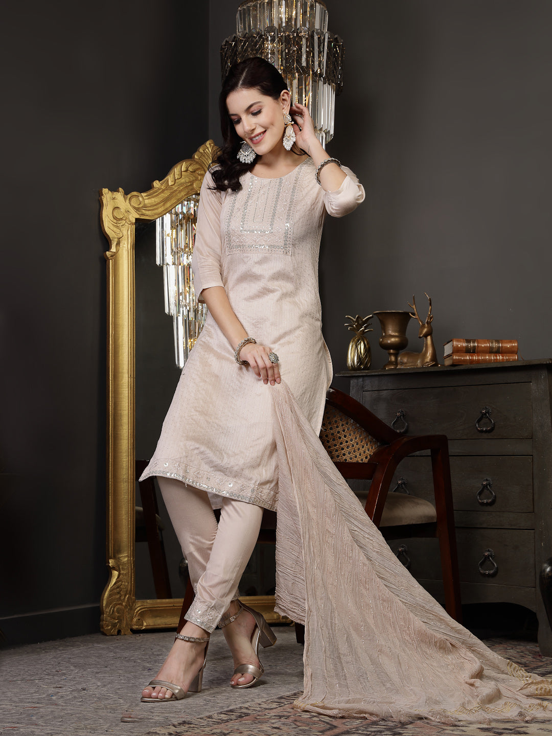 Beige Woven Design & Embroidered Silk Blend Straight Kurta Pant Dupatta Set