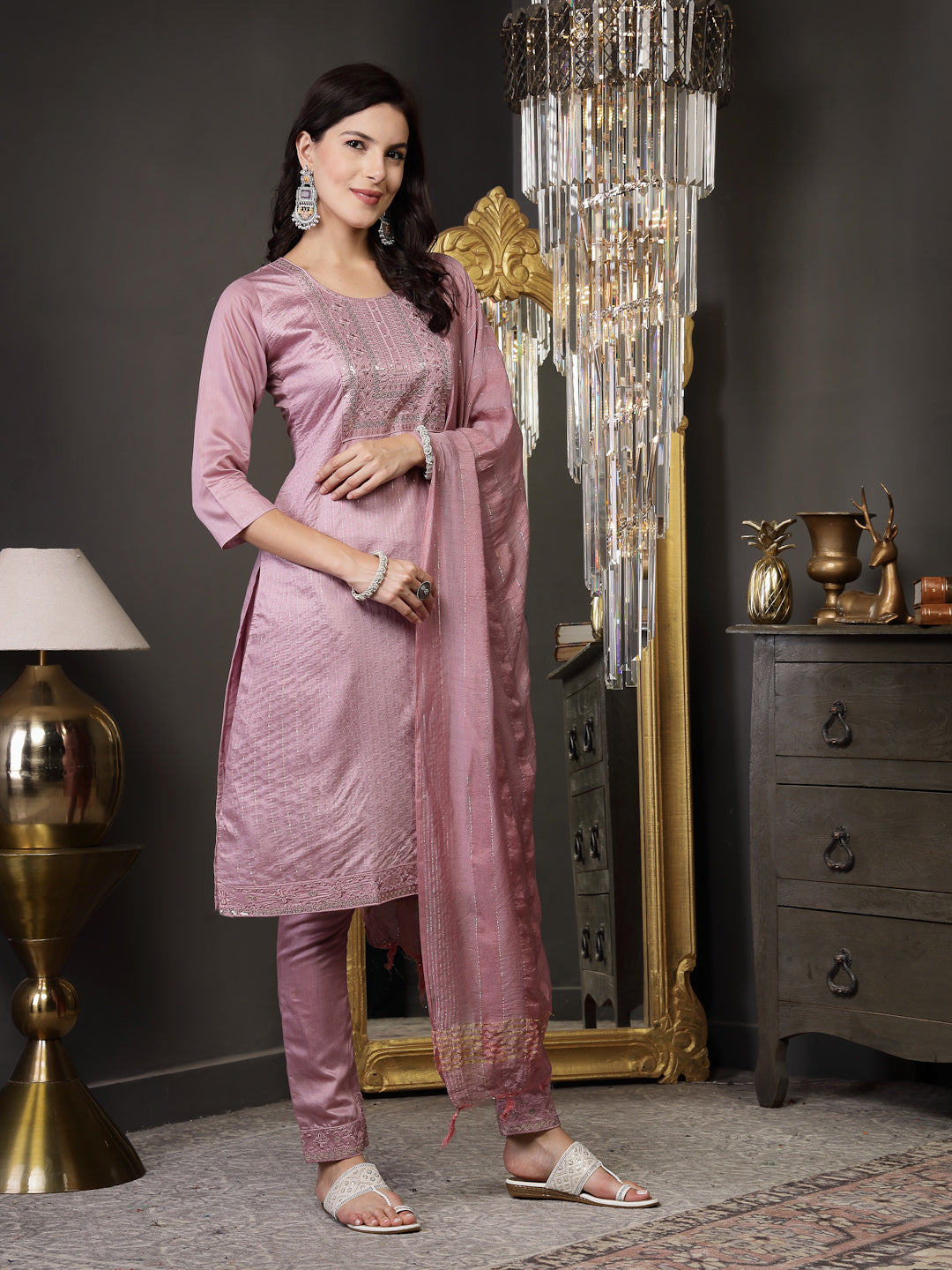 Mulberry Woven Design & Embroidered Silk Blend Straight Kurta Pant Dupatta Set