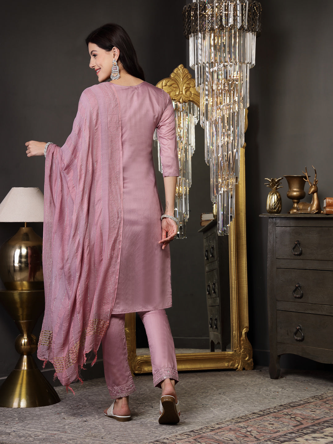 Mulberry Woven Design & Embroidered Silk Blend Straight Kurta Pant Dupatta Set