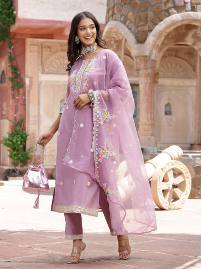 Purple Embroidered Silk Blend Straight Kurta Pant Dupatta Set