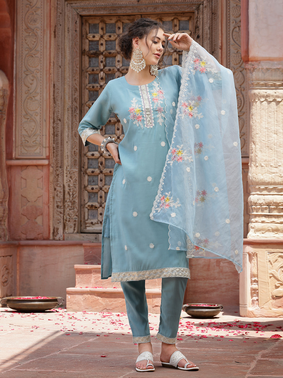 Blue Embroidered Silk Blend Straight Kurta Pant Dupatta Set