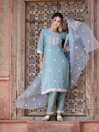 Blue Embroidered Silk Blend Straight Kurta Pant Dupatta Set