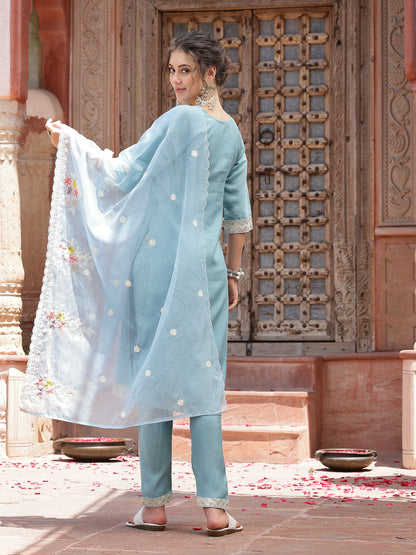 Blue Embroidered Silk Blend Straight Kurta Pant Dupatta Set