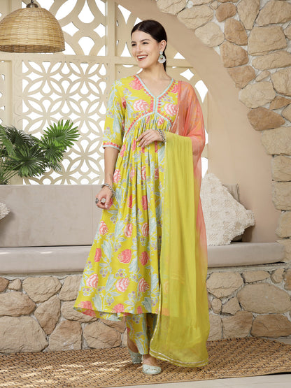 Yellow Floral Printed & Embroidered Rayon Alia Cut Kurta Pant Dupatta Set