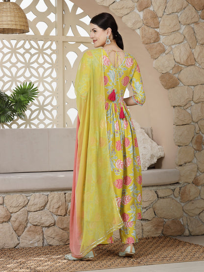 Yellow Floral Printed & Embroidered Rayon Alia Cut Kurta Pant Dupatta Set