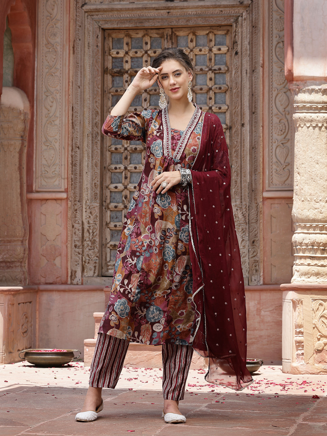 Wine Floral Printed & Embroidered Silk Blend A-Line Kurta Pant Dupatta Set