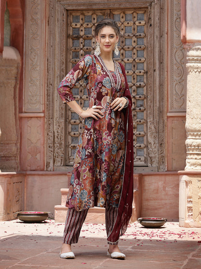 Wine Floral Printed & Embroidered Silk Blend A-Line Kurta Pant Dupatta Set