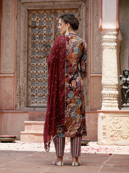 Wine Floral Printed & Embroidered Silk Blend A-Line Kurta Pant Dupatta Set