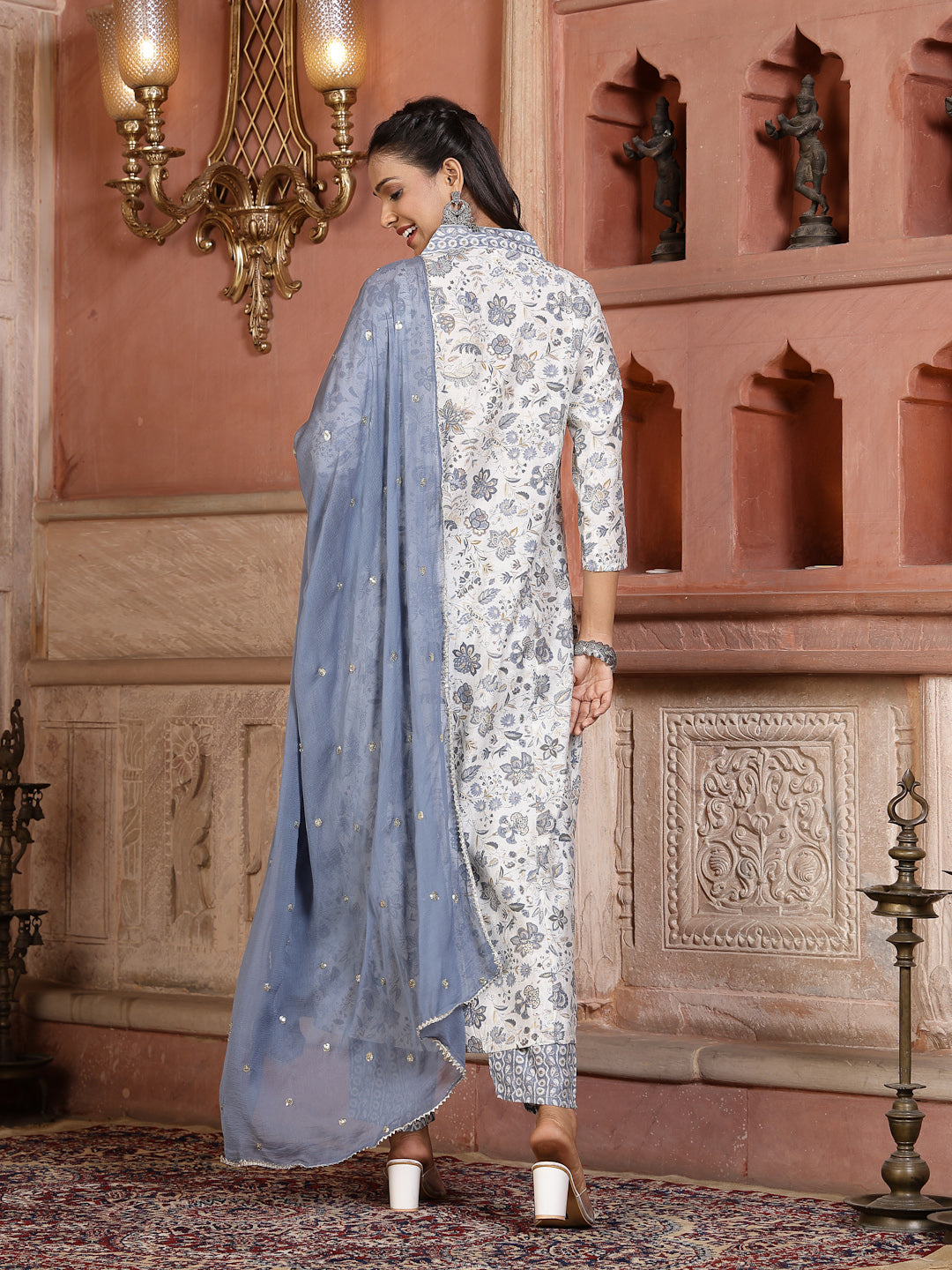 White Paisley Printed & Embroidered Silk Blend A-Line Kurta Pant Dupatta Set