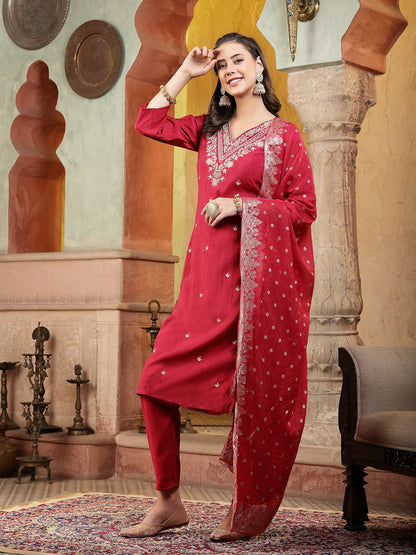 Pink Solid & Embroidered Silk Blend Straight Kurta Pant Dupatta Set