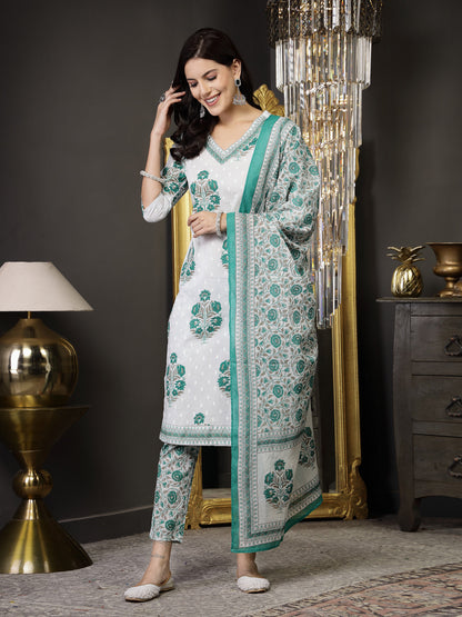 White Ethnic Motif Printed Cotton Straight Kurta Pant Dupatta Set