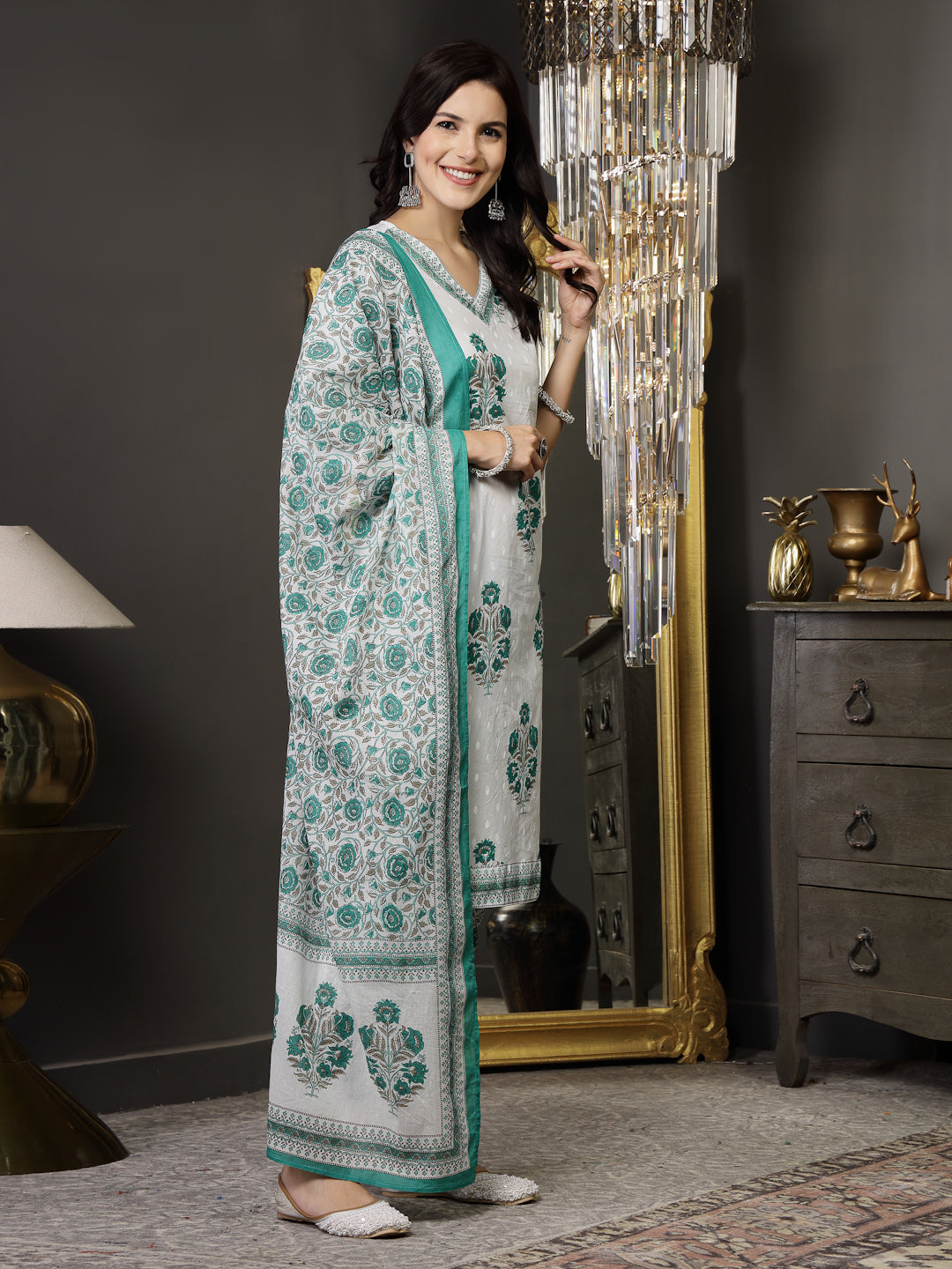 White Ethnic Motif Printed Cotton Straight Kurta Pant Dupatta Set