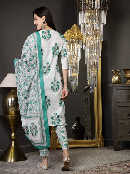 White Ethnic Motif Printed Cotton Straight Kurta Pant Dupatta Set