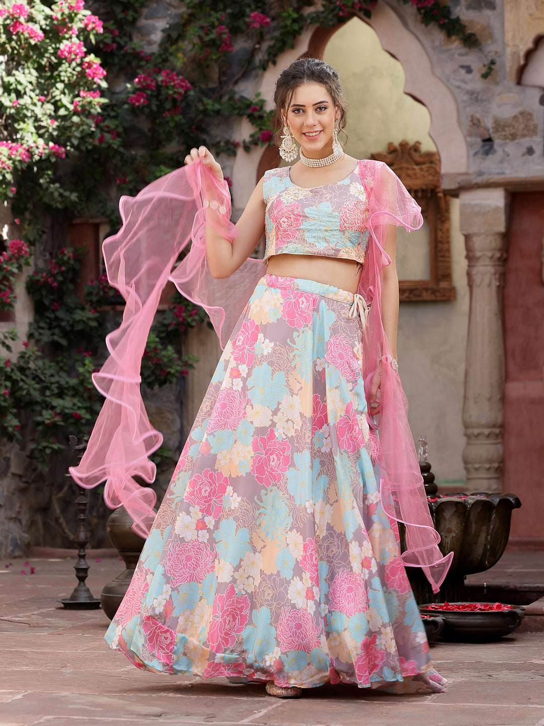 Floral Printed Satin Lehenga Dupatta With Blouse