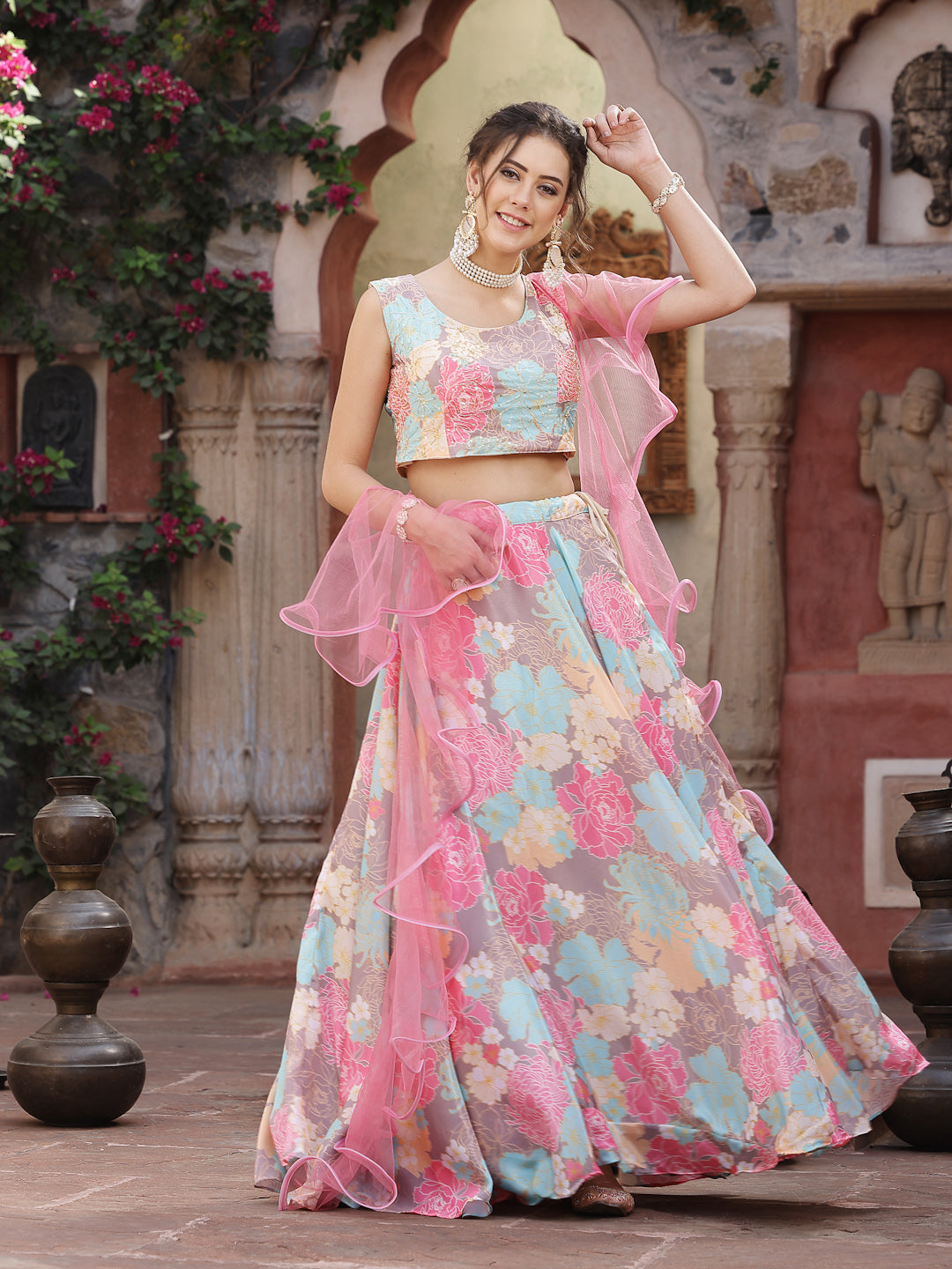 Floral Printed Satin Lehenga Dupatta With Blouse