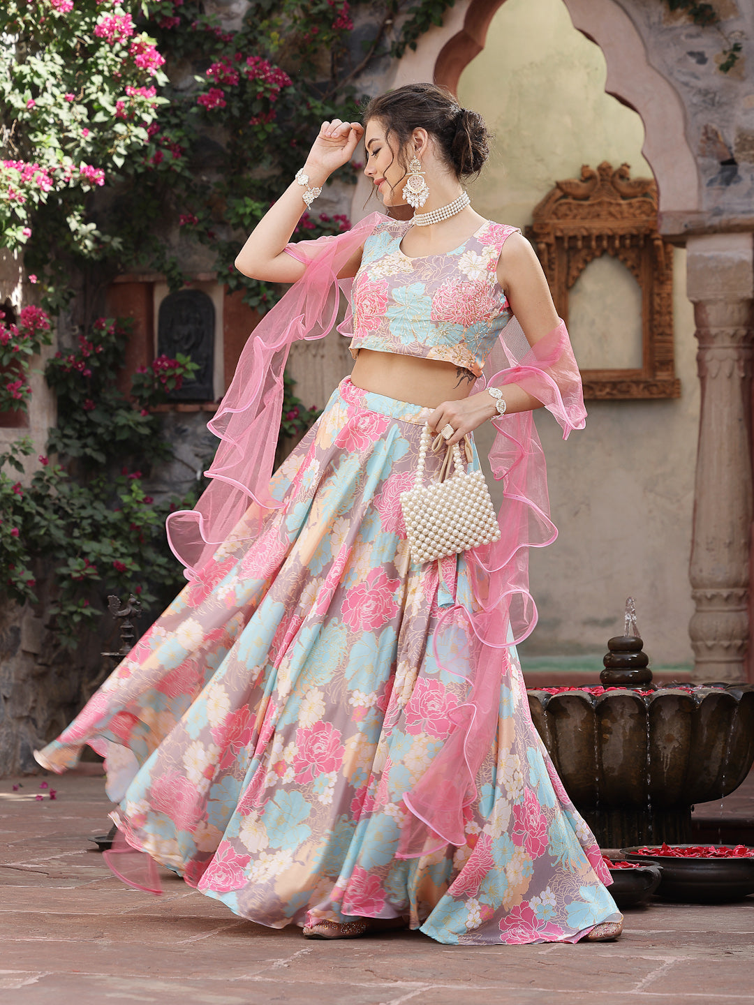 Floral Printed Satin Lehenga Dupatta With Blouse