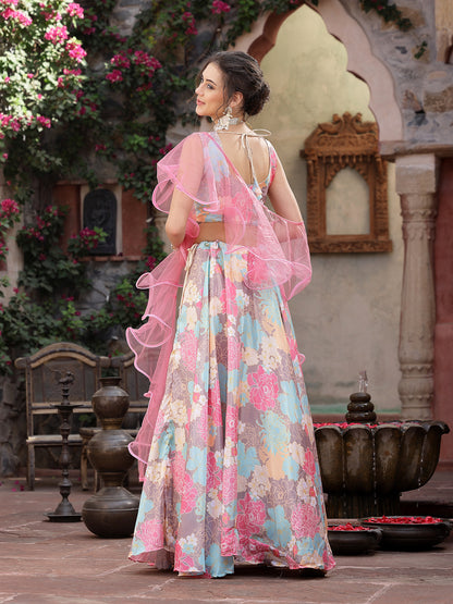 Floral Printed Satin Lehenga Dupatta With Blouse