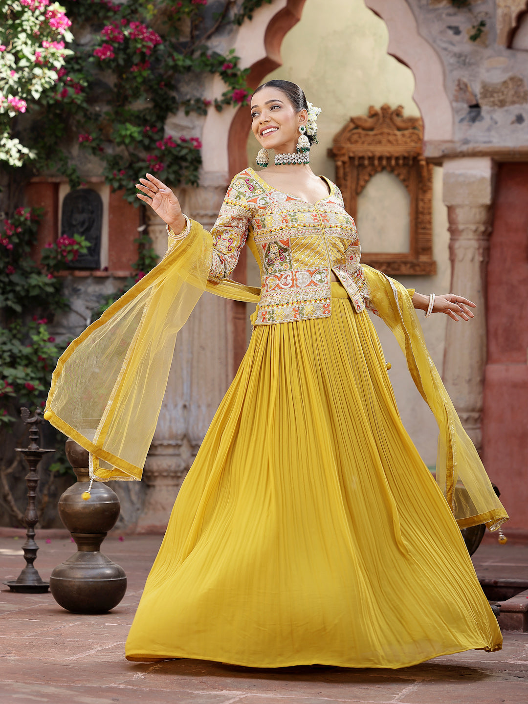 Solid & Embroidered Georgette Lehenga Dupatta With Blouse