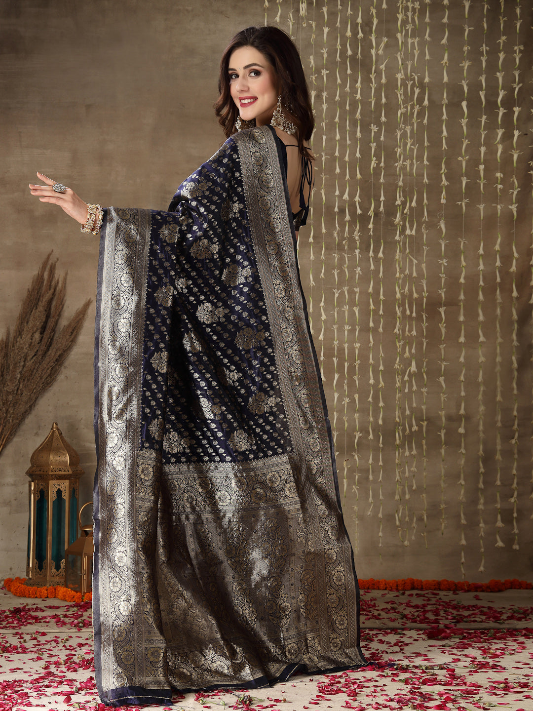 Nency fashion Women's Banarasi Silk Blend Zari Woven Work With Tussles  Saree and Blouse Piece