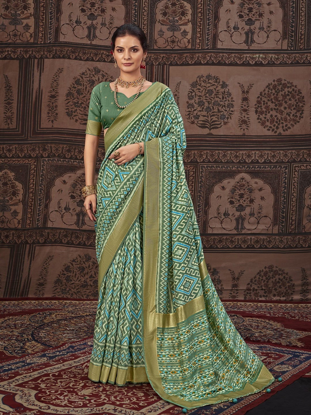 Geometric Printed Zari Border Silk Saree