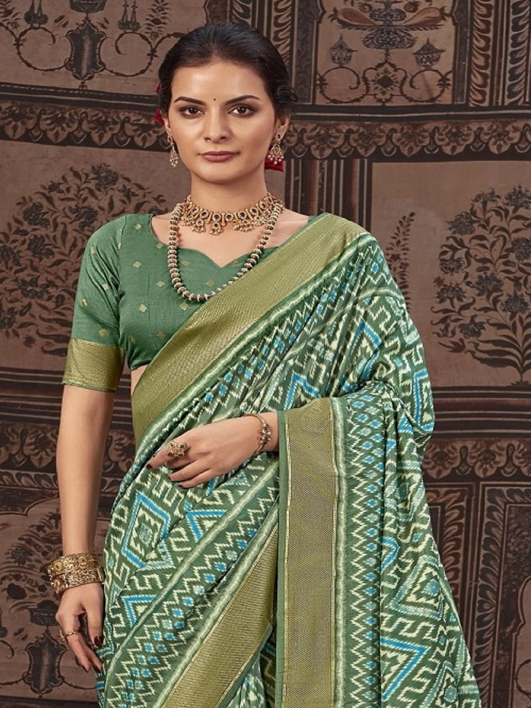 Geometric Printed Zari Border Silk Saree